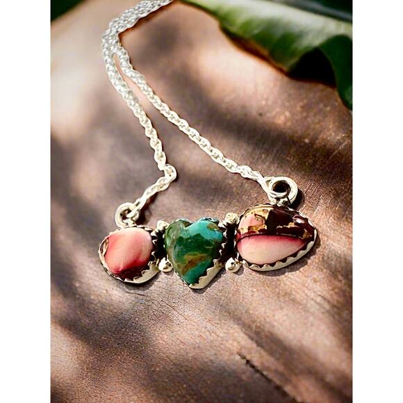 Sonoran Gold Turquoise & Rose Dahlia Heart Necklace 16-18” - Picture 5 of 8